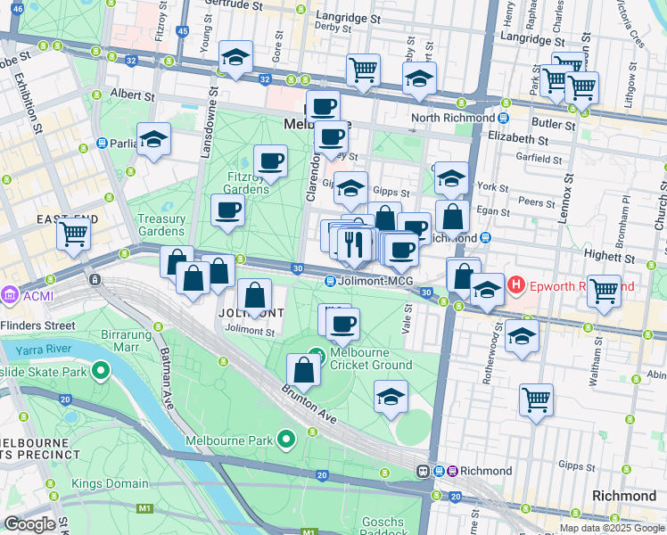 map of restaurants, bars, coffee shops, grocery stores, and more near 176 Wellington Parade in East Melbourne