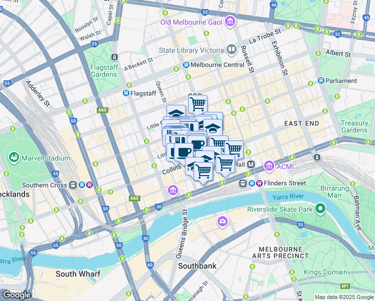 map of restaurants, bars, coffee shops, grocery stores, and more near 100 Queen Street in Melbourne