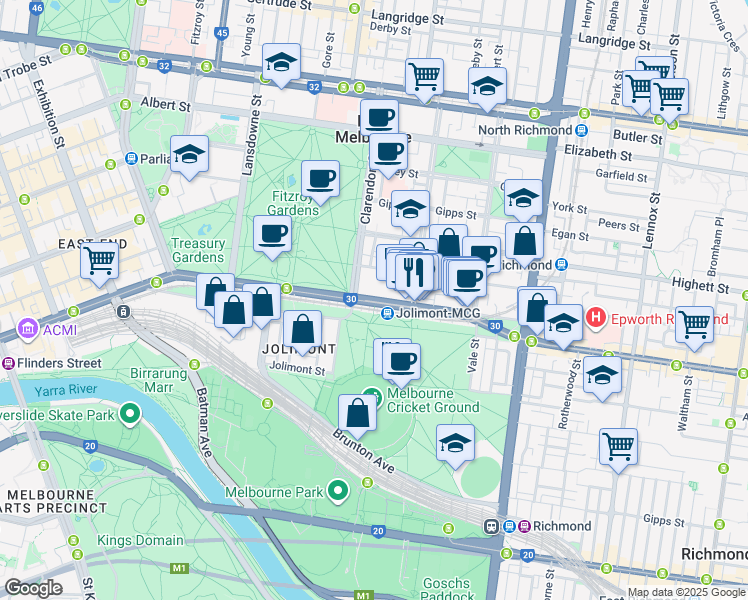 map of restaurants, bars, coffee shops, grocery stores, and more near 176 Wellington Parade in East Melbourne