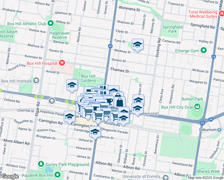 map of restaurants, bars, coffee shops, grocery stores, and more near 21 Watts Street in Box Hill