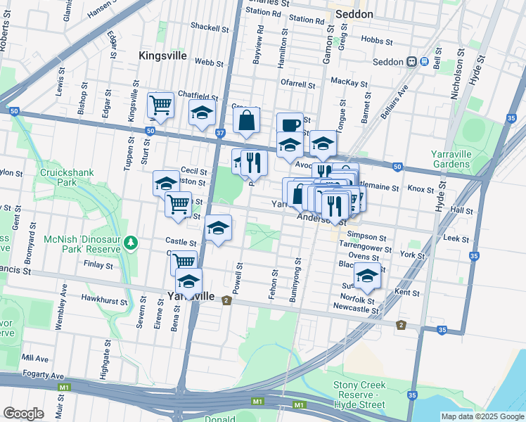 map of restaurants, bars, coffee shops, grocery stores, and more near Anderson Street in Yarraville