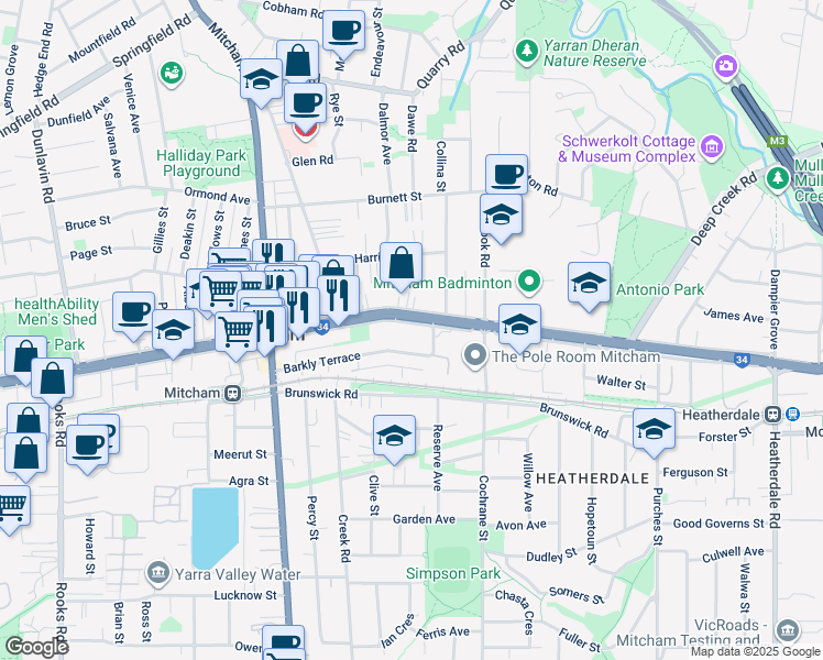 map of restaurants, bars, coffee shops, grocery stores, and more near 628 Whitehorse Road in Mitcham