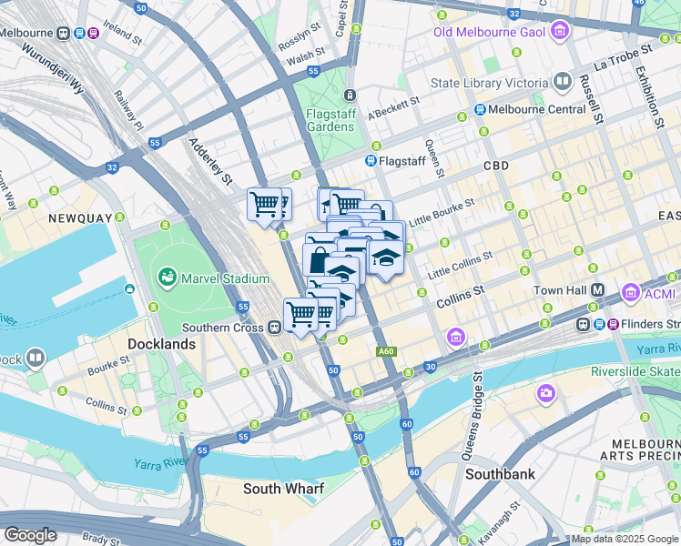 map of restaurants, bars, coffee shops, grocery stores, and more near 628 Bourke Street in Melbourne