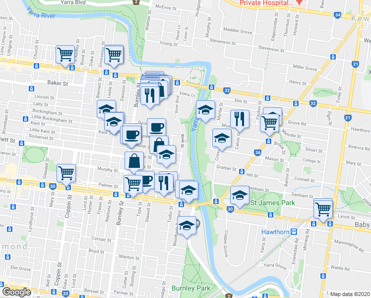 map of restaurants, bars, coffee shops, grocery stores, and more near 17-25 River Street in Richmond