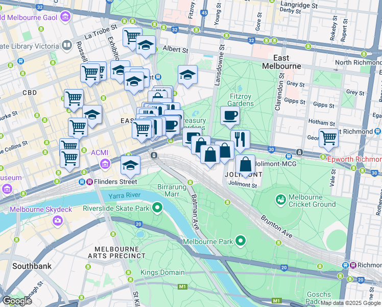 map of restaurants, bars, coffee shops, grocery stores, and more near 289 Wellington Parade South in East Melbourne