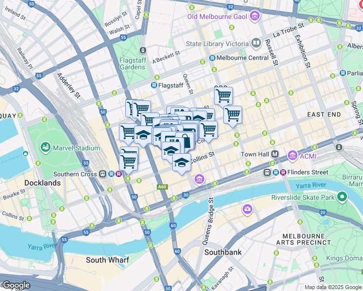map of restaurants, bars, coffee shops, grocery stores, and more near 114 William Street in Melbourne