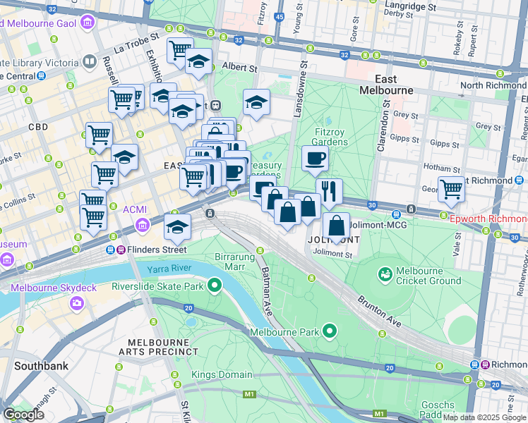 map of restaurants, bars, coffee shops, grocery stores, and more near 289 Wellington Parade South in East Melbourne