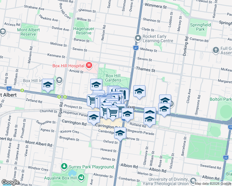 map of restaurants, bars, coffee shops, grocery stores, and more near 10 Bruce Street in Box Hill