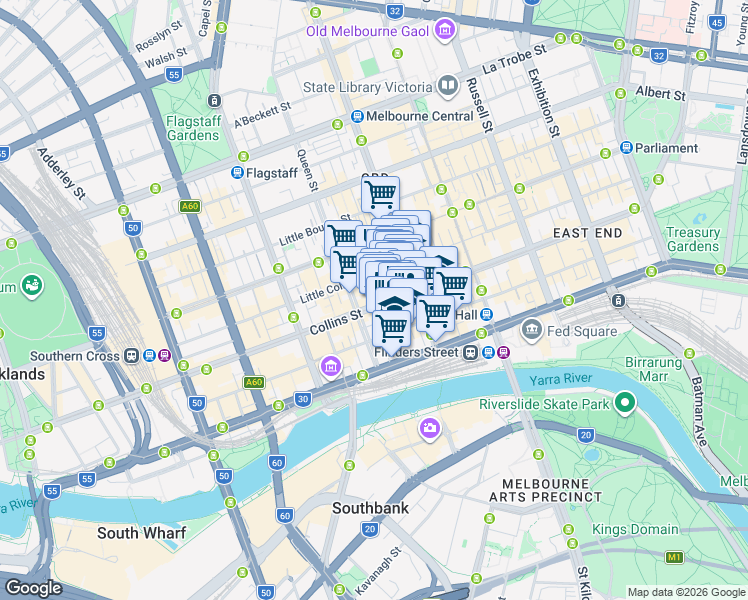 map of restaurants, bars, coffee shops, grocery stores, and more near 360 Collins Street in Melbourne