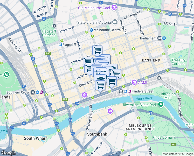 map of restaurants, bars, coffee shops, grocery stores, and more near 360 Collins Street in Melbourne