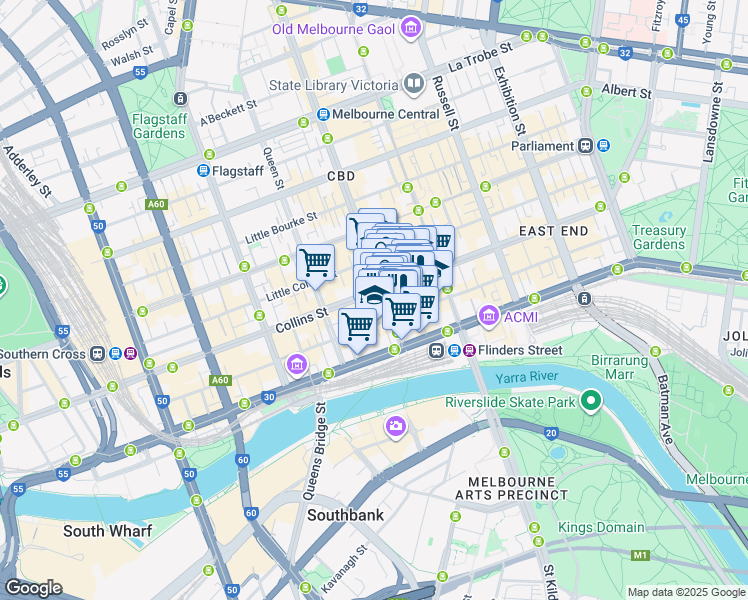 map of restaurants, bars, coffee shops, grocery stores, and more near 303 Collins Street in Melbourne