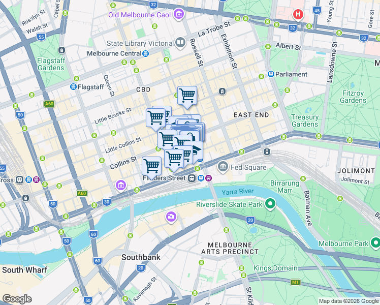 map of restaurants, bars, coffee shops, grocery stores, and more near 234 Flinders Lane in Melbourne