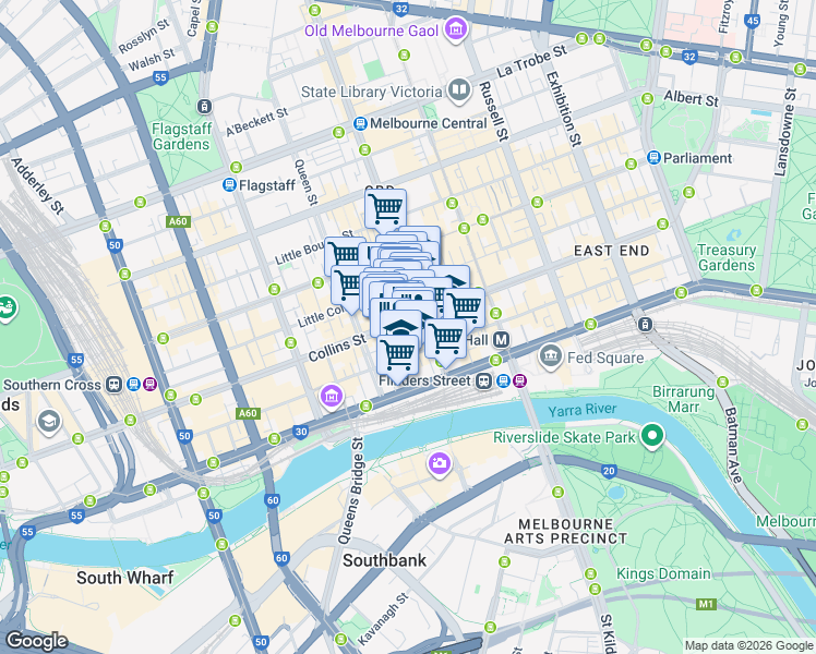 map of restaurants, bars, coffee shops, grocery stores, and more near 325 Collins Street in Melbourne