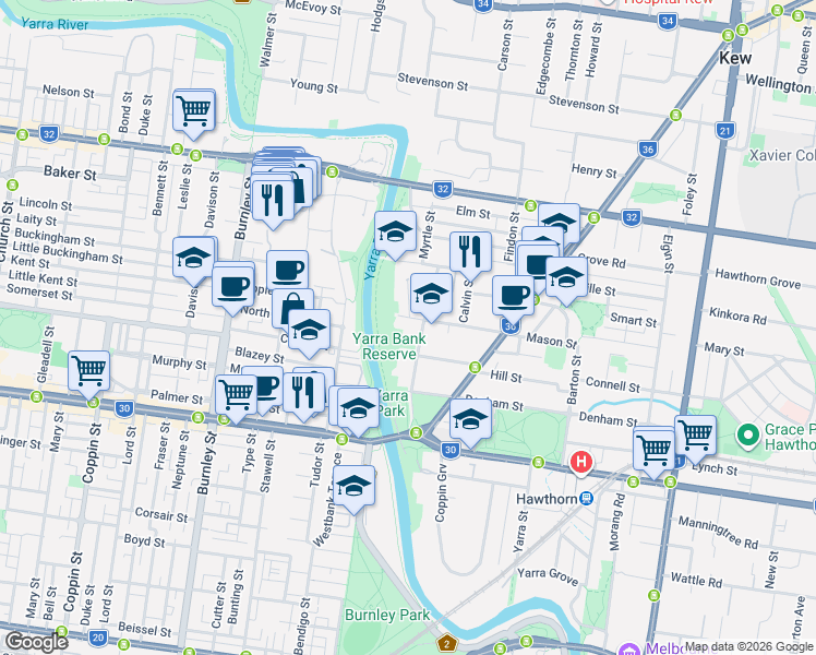 map of restaurants, bars, coffee shops, grocery stores, and more near 10A Mason Street in Hawthorn