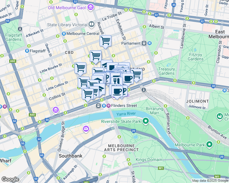 map of restaurants, bars, coffee shops, grocery stores, and more near 180 Flinders Street in Melbourne