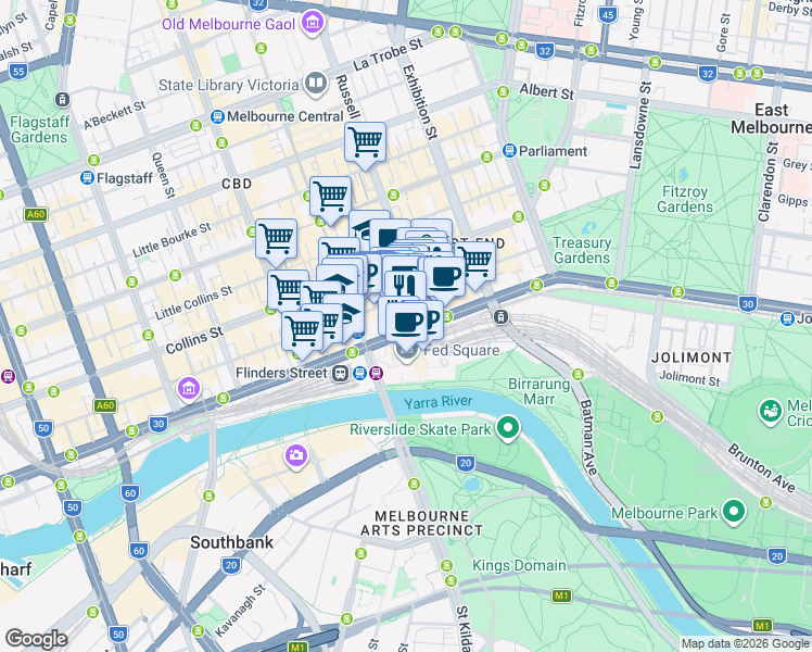 map of restaurants, bars, coffee shops, grocery stores, and more near 166 Flinders Street in Melbourne
