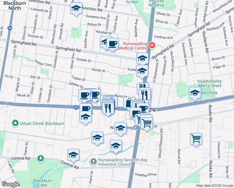 map of restaurants, bars, coffee shops, grocery stores, and more near 19 Burnt Street in Nunawading