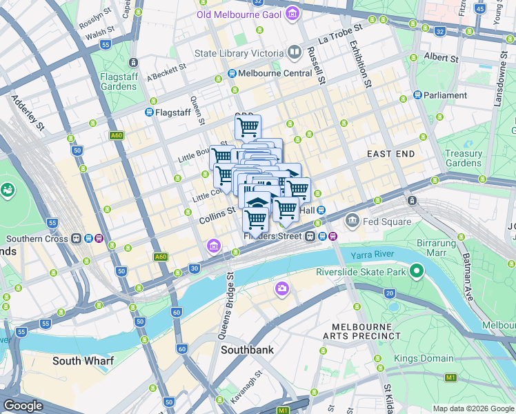 map of restaurants, bars, coffee shops, grocery stores, and more near 333 Collins Street in Melbourne