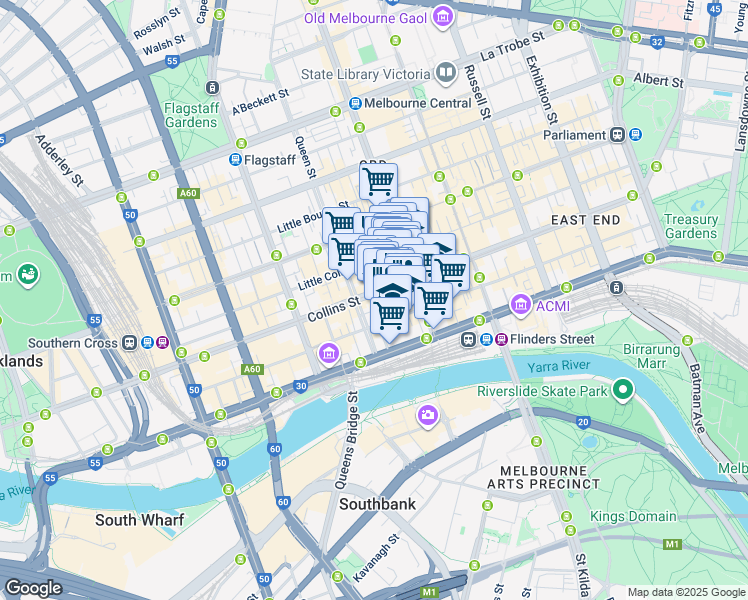 map of restaurants, bars, coffee shops, grocery stores, and more near 367 Collins Street in Melbourne