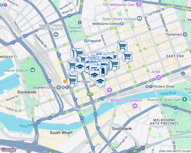 map of restaurants, bars, coffee shops, grocery stores, and more near 501 Little Collins Street in Melbourne
