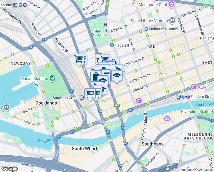 map of restaurants, bars, coffee shops, grocery stores, and more near 131 King Street in Melbourne