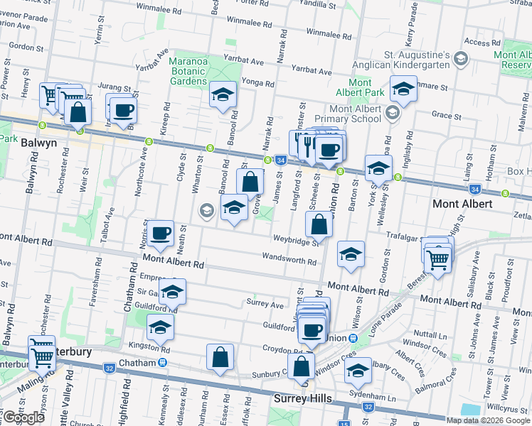 map of restaurants, bars, coffee shops, grocery stores, and more near 29 Grovedale Road in Surrey Hills