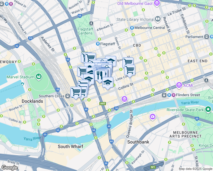 map of restaurants, bars, coffee shops, grocery stores, and more near 505 Little Collins Street in Melbourne