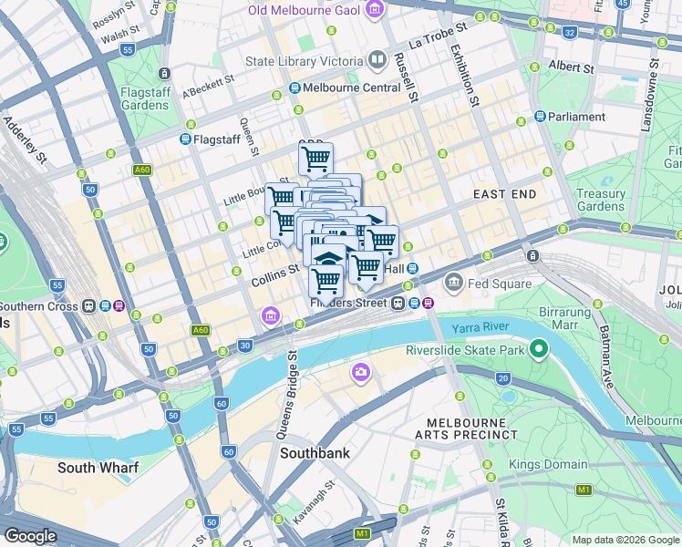 map of restaurants, bars, coffee shops, grocery stores, and more near 8 Bligh Place in Melbourne