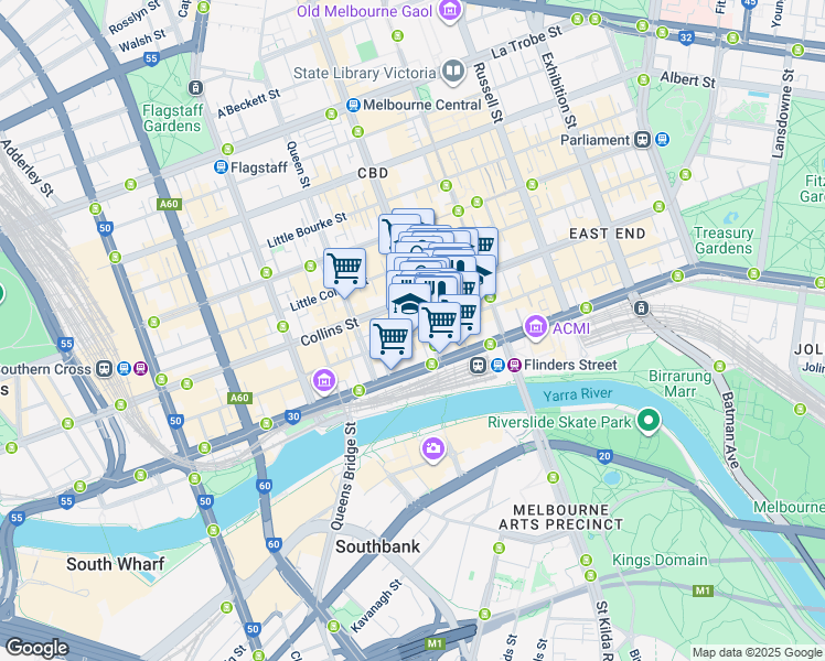 map of restaurants, bars, coffee shops, grocery stores, and more near 8 Bligh Place in Melbourne