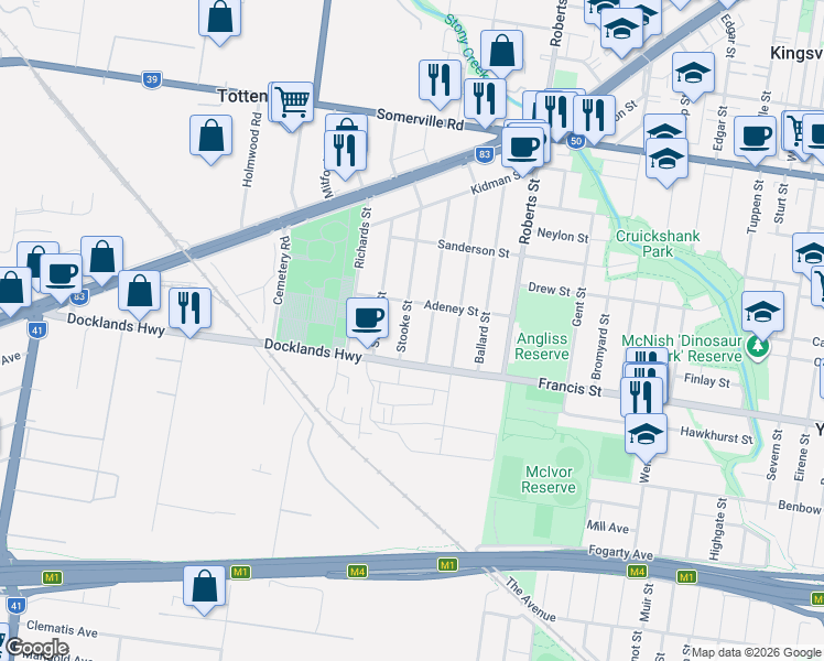 map of restaurants, bars, coffee shops, grocery stores, and more near 35 Stooke Street in Yarraville
