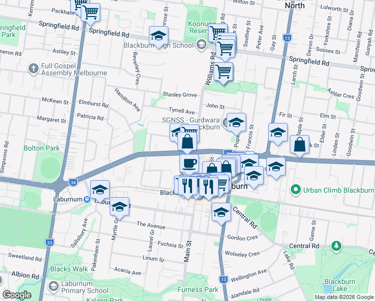 map of restaurants, bars, coffee shops, grocery stores, and more near 85 Whitehorse Road in Blackburn
