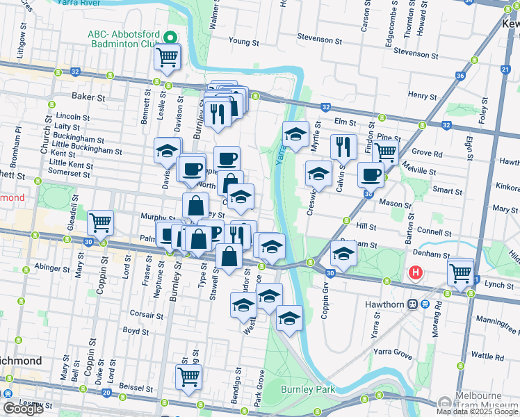 map of restaurants, bars, coffee shops, grocery stores, and more near River Street in Richmond