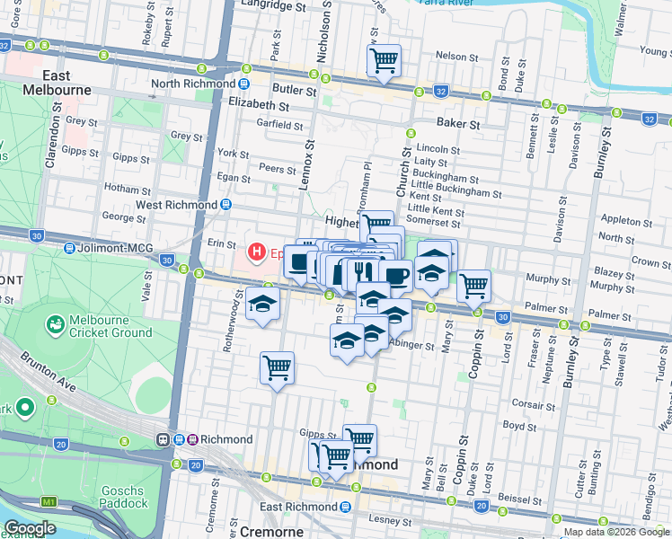 map of restaurants, bars, coffee shops, grocery stores, and more near 22 Bosisto Street in Richmond