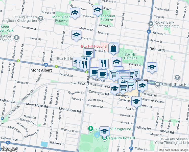 map of restaurants, bars, coffee shops, grocery stores, and more near 814-818 Whitehorse Road in Box Hill