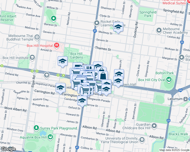 map of restaurants, bars, coffee shops, grocery stores, and more near 1 Watts Street in Box Hill