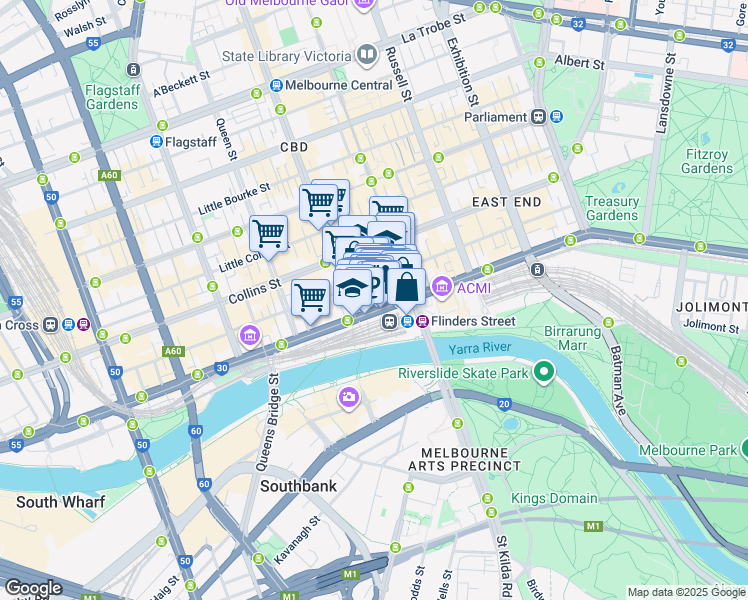 map of restaurants, bars, coffee shops, grocery stores, and more near 9 Degraves Street in Melbourne
