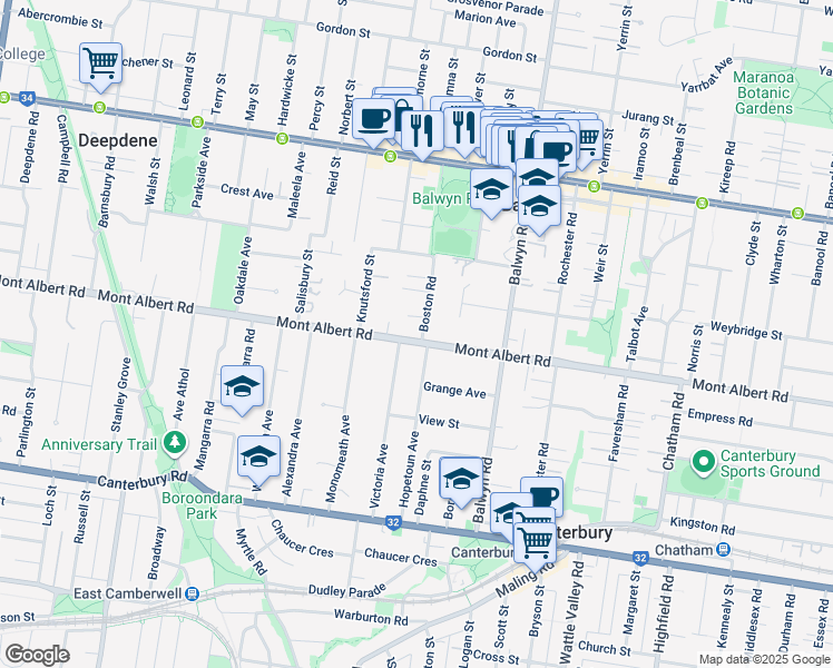 map of restaurants, bars, coffee shops, grocery stores, and more near 119 Mont Albert Road in Canterbury