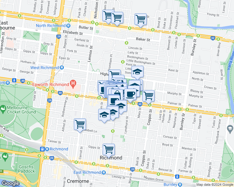 map of restaurants, bars, coffee shops, grocery stores, and more near 230 Church Street in Richmond