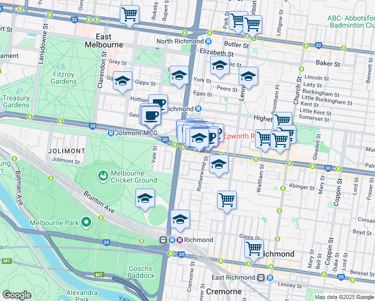 map of restaurants, bars, coffee shops, grocery stores, and more near 14 Bridge Road in Richmond