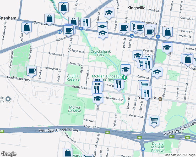map of restaurants, bars, coffee shops, grocery stores, and more near 26 Freeman Street in Yarraville