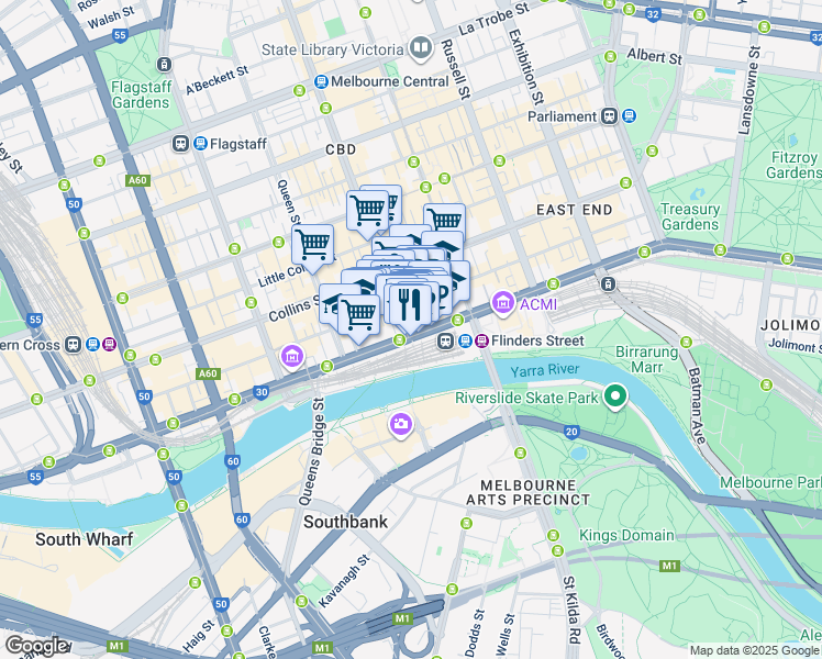 map of restaurants, bars, coffee shops, grocery stores, and more near 2 Elizabeth Street in Melbourne