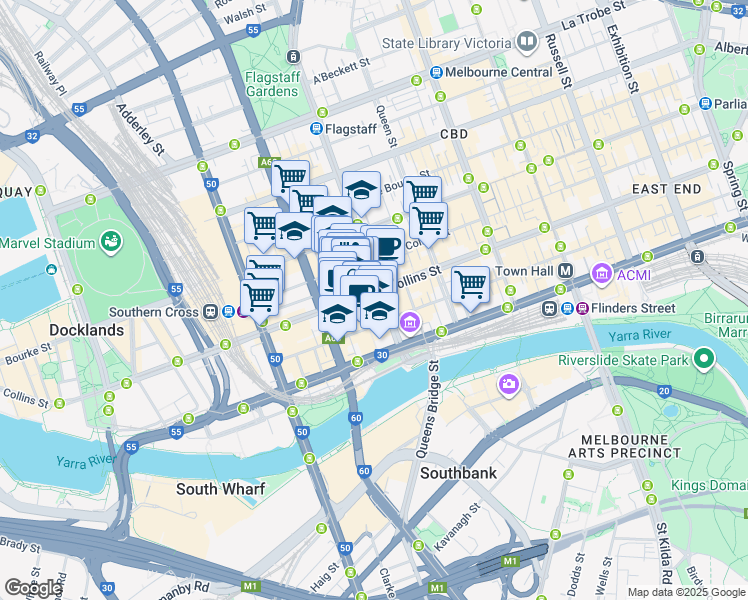 map of restaurants, bars, coffee shops, grocery stores, and more near 459 Collins Street in Melbourne