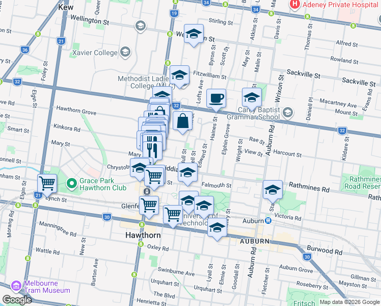map of restaurants, bars, coffee shops, grocery stores, and more near 32 Bell Street in Hawthorn