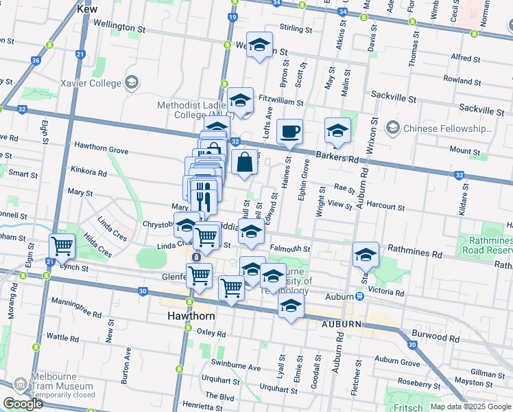 map of restaurants, bars, coffee shops, grocery stores, and more near 32 Bell Street in Hawthorn