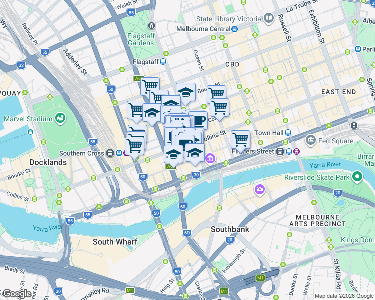 map of restaurants, bars, coffee shops, grocery stores, and more near 477 Collins Street in Melbourne