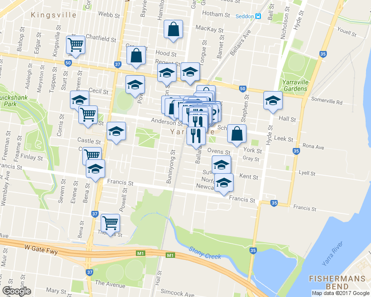 map of restaurants, bars, coffee shops, grocery stores, and more near 57 Ovens Street in Yarraville