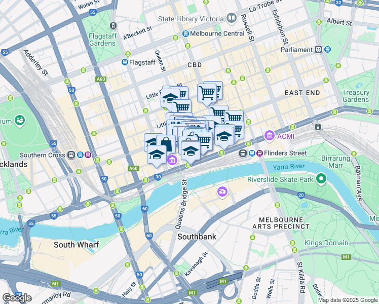 map of restaurants, bars, coffee shops, grocery stores, and more near 31 Queen Street in Melbourne