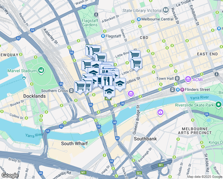 map of restaurants, bars, coffee shops, grocery stores, and more near 525 Collins Street in Melbourne