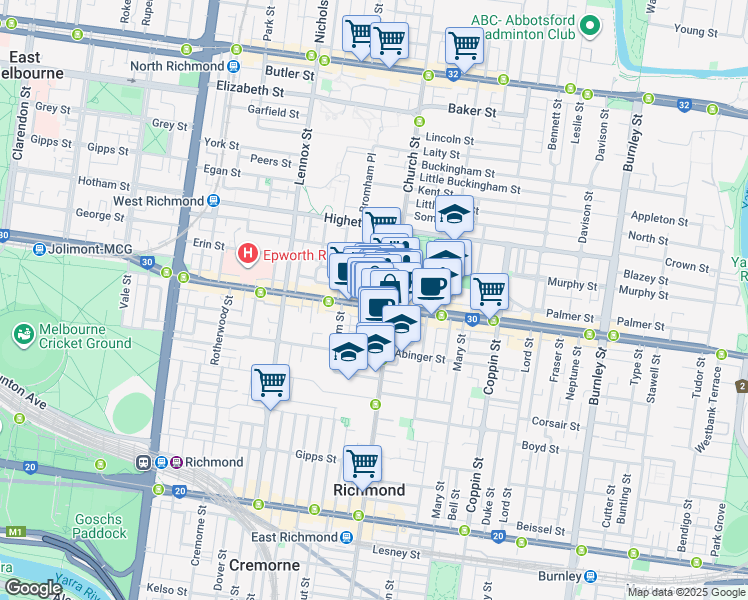map of restaurants, bars, coffee shops, grocery stores, and more near Bridge Road in Richmond