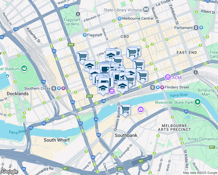 map of restaurants, bars, coffee shops, grocery stores, and more near 447 Collins Street in Melbourne